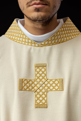 Ecru liturgical dalmatic with embroidered gold crosses and collar