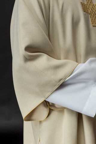 Ecru liturgical dalmatic with embroidered gold crosses and collar