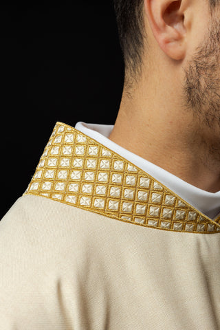 Ecru liturgical dalmatic with embroidered gold crosses and collar