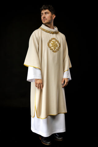 Ecru liturgical dalmatic with IHS embroidery and collar