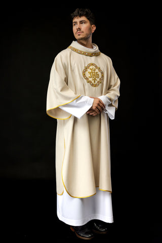 Ecru liturgical dalmatic with IHS embroidery and collar