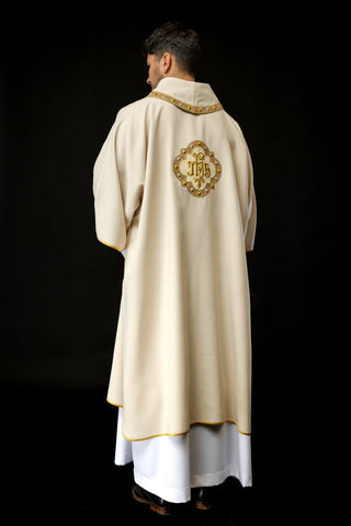 Ecru liturgical dalmatic with IHS embroidery and collar