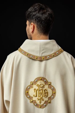 Ecru liturgical dalmatic with IHS embroidery and collar