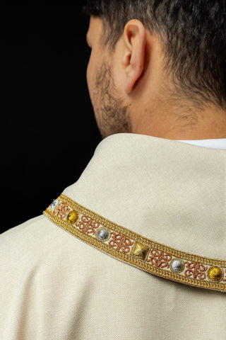 Ecru liturgical dalmatic with IHS embroidery and collar