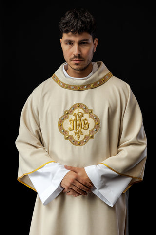 Ecru liturgical dalmatic with IHS embroidery and collar