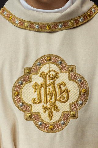 Ecru liturgical dalmatic with IHS embroidery and collar