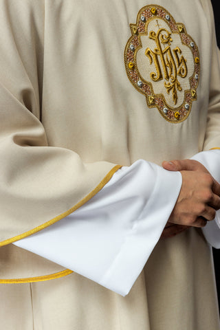 Ecru liturgical dalmatic with IHS embroidery and collar