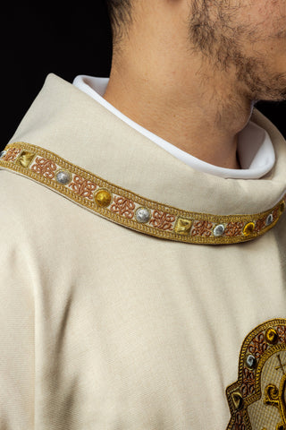 Ecru liturgical dalmatic with IHS embroidery and collar