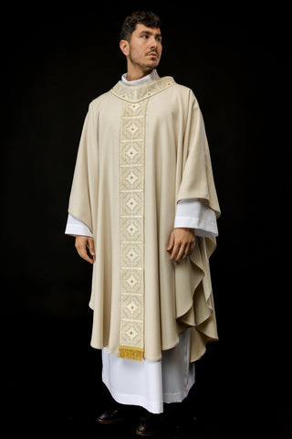 Ecru liturgical chasuble with richly embroidered band and collar