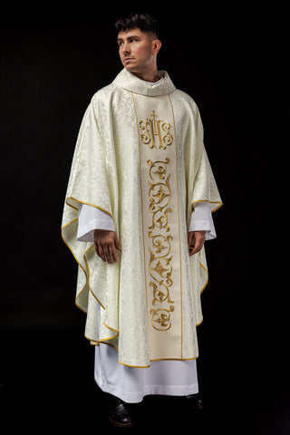 Ecru liturgical chasuble with IHS embroidery and gold trim