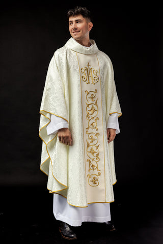 Ecru liturgical chasuble with IHS embroidery and gold trim