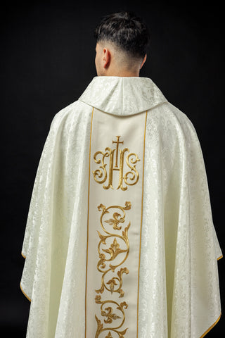 Ecru liturgical chasuble with IHS embroidery and gold trim