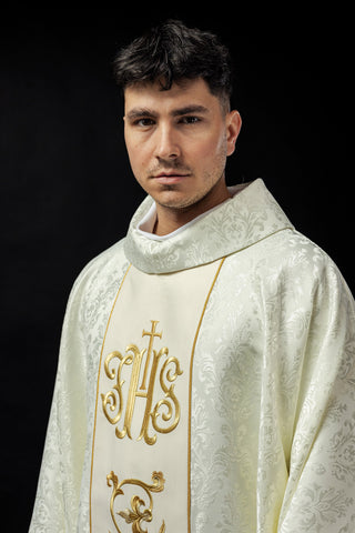 Ecru liturgical chasuble with IHS embroidery and gold trim