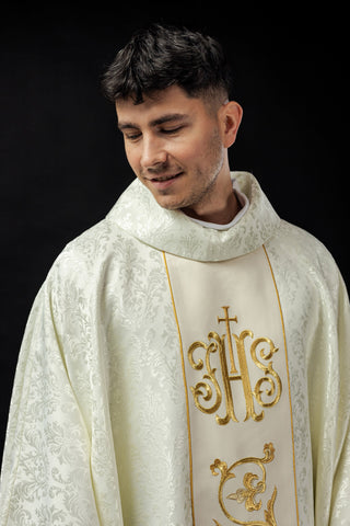 Ecru liturgical chasuble with IHS embroidery and gold trim