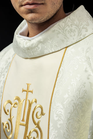 Ecru liturgical chasuble with IHS embroidery and gold trim