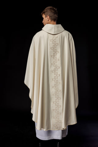 Ecru liturgical chasuble with a richly embroidered band of crosses