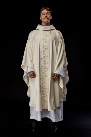 Ecru liturgical chasuble with a richly embroidered band of crosses