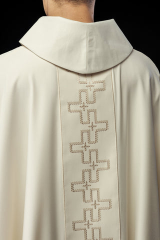 Ecru liturgical chasuble with a richly embroidered band of crosses