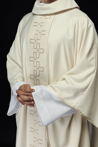 Ecru liturgical chasuble with a richly embroidered band of crosses