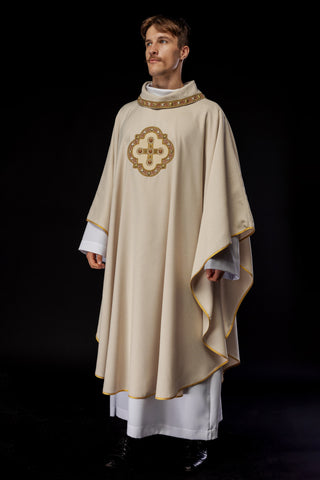 Ecru liturgical chasuble with embroidered gold crosses and trim