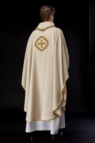 Ecru liturgical chasuble with embroidered gold crosses and trim