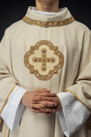 Ecru liturgical chasuble with embroidered gold crosses and trim