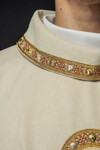 Ecru liturgical chasuble with embroidered gold crosses and trim