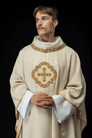 Ecru liturgical chasuble with embroidered gold crosses and trim