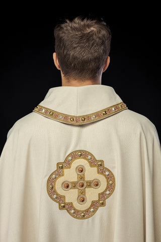 Ecru liturgical chasuble with embroidered gold crosses and trim