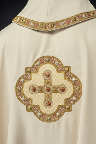 Ecru liturgical chasuble with embroidered gold crosses and trim