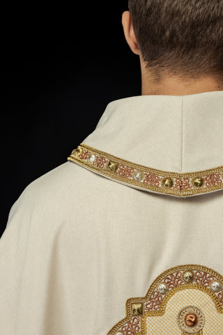 Ecru liturgical chasuble with embroidered gold crosses and trim