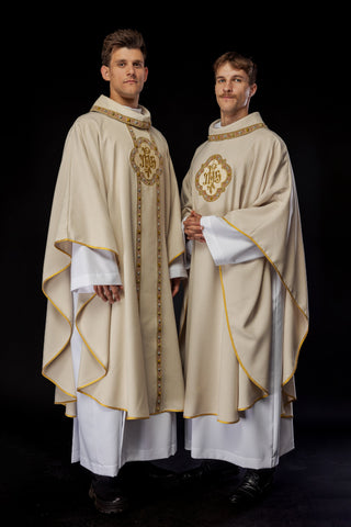 Ecru liturgical chasuble with IHS embroidery and trim