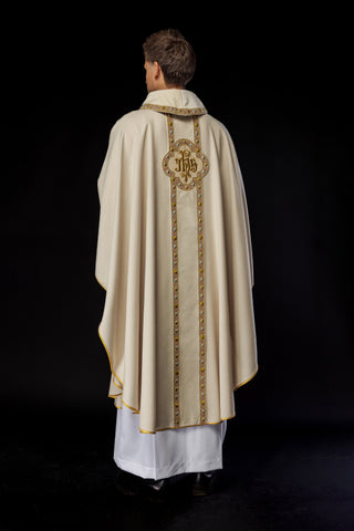 Ecru liturgical chasuble with IHS embroidery and trim