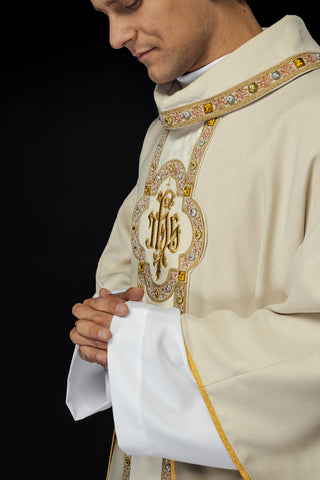 Ecru liturgical chasuble with IHS embroidery and trim