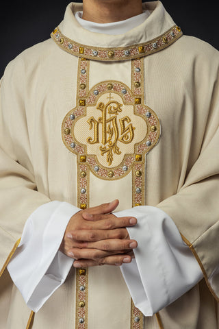 Ecru liturgical chasuble with IHS embroidery and trim