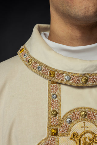 Ecru liturgical chasuble with IHS embroidery and trim