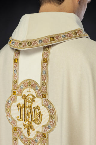 Ecru liturgical chasuble with IHS embroidery and trim