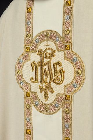 Ecru liturgical chasuble with IHS embroidery and trim