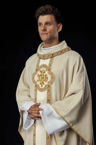 Ecru liturgical chasuble with IHS embroidery and trim