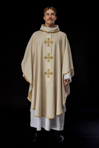 Liturgical chasuble with embroidered gold crosses and trim on the collar in ecru color