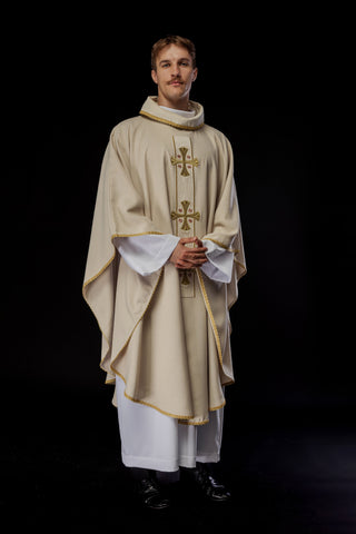 Liturgical chasuble with embroidered gold crosses and trim on the collar in ecru color