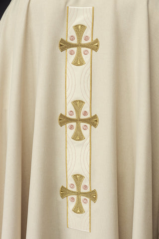 Liturgical chasuble with embroidered gold crosses and trim on the collar in ecru color