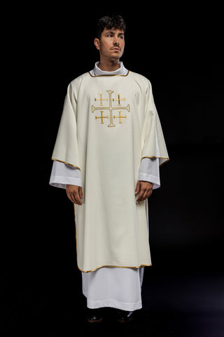 Green dalmatic with embroidered gold crosses and gold satin trim