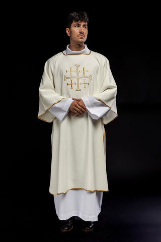 Green dalmatic with embroidered gold crosses and gold satin trim