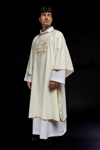 Green dalmatic with embroidered gold crosses and gold satin trim