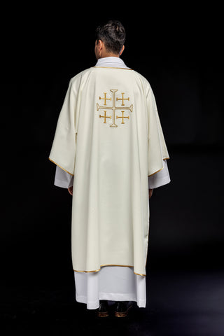 Green dalmatic with embroidered gold crosses and gold satin trim