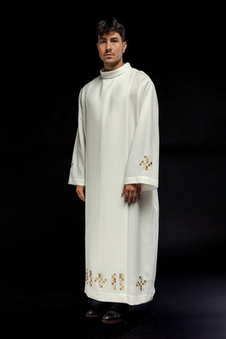 Ecru priestly alb with mosaic cross embroidery