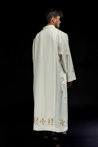 Ecru priestly alb with mosaic cross embroidery