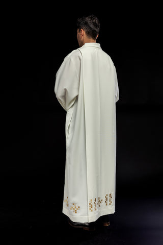 Ecru priestly alb with mosaic cross embroidery