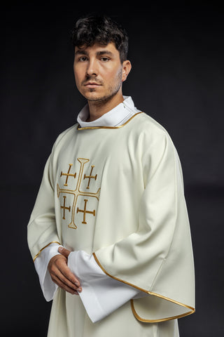 Green dalmatic with embroidered gold crosses and gold satin trim